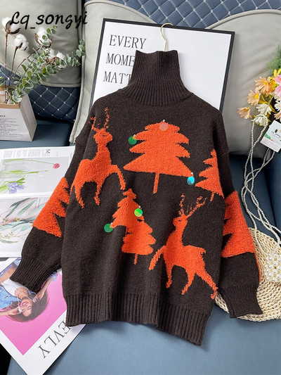 Široki džemper Christmas Tree Thicken Pleteni zimski pulover 2022. Pleteni džemper Vintage topli džemper s dolčevitom Lq_songyi LQ13