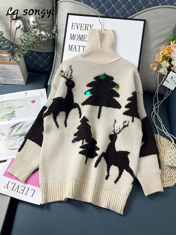 Široki džemper Christmas Tree Thicken Pleteni zimski pulover 2022. Pleteni džemper Vintage topli džemper s dolčevitom Lq_songyi LQ13
