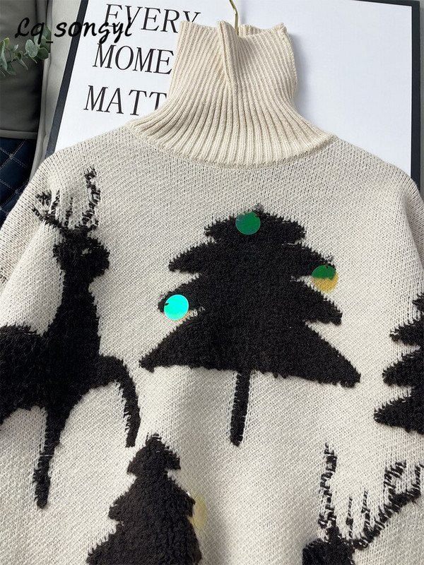Široki džemper Christmas Tree Thicken Pleteni zimski pulover 2022. Pleteni džemper Vintage topli džemper s dolčevitom Lq_songyi LQ13
