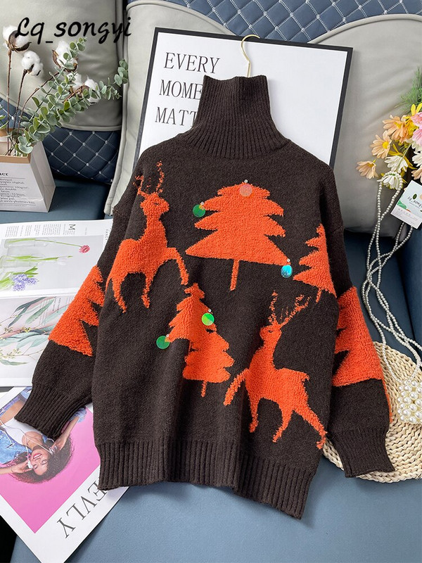 Široki džemper Christmas Tree Thicken Pleteni zimski pulover 2022. Pleteni džemper Vintage topli džemper s dolčevitom Lq_songyi LQ13