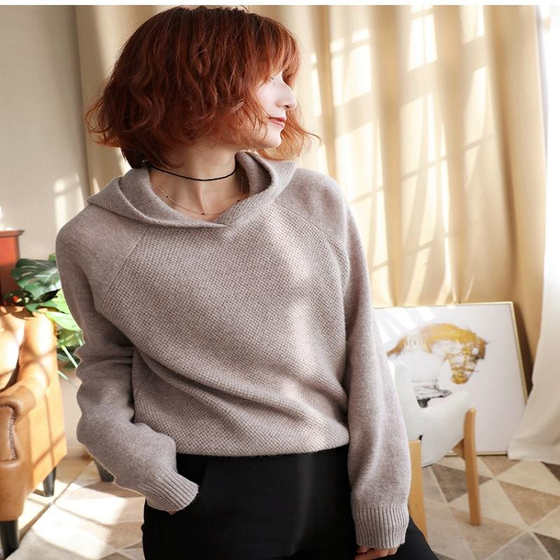 Jesenski i zimski vuneni pulover od kašmira za 2020. Ženski jednobojni labavi debeli džemper s donjim dijelom, vuneni pulover s kapuljačom i dugim rukavima
