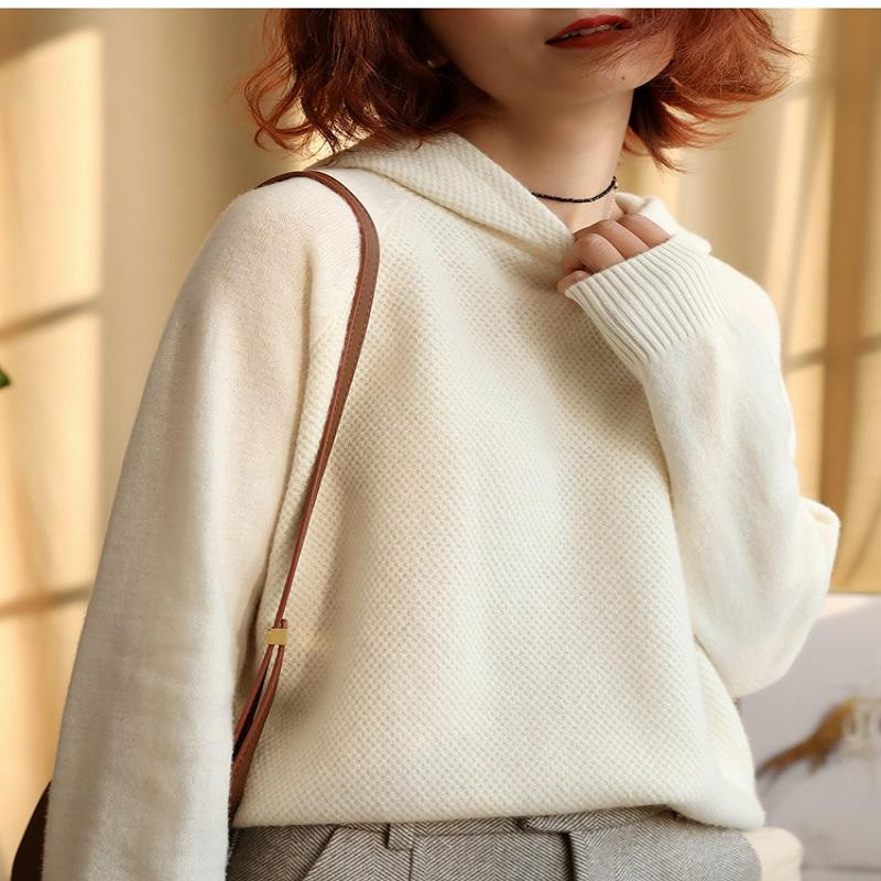 Jesenski i zimski vuneni pulover od kašmira za 2020. Ženski jednobojni labavi debeli džemper s donjim dijelom, vuneni pulover s kapuljačom i dugim rukavima