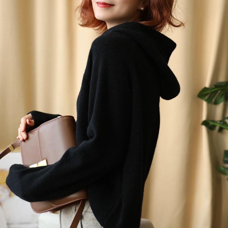 Jesenski i zimski vuneni pulover od kašmira za 2020. Ženski jednobojni labavi debeli džemper s donjim dijelom, vuneni pulover s kapuljačom i dugim rukavima