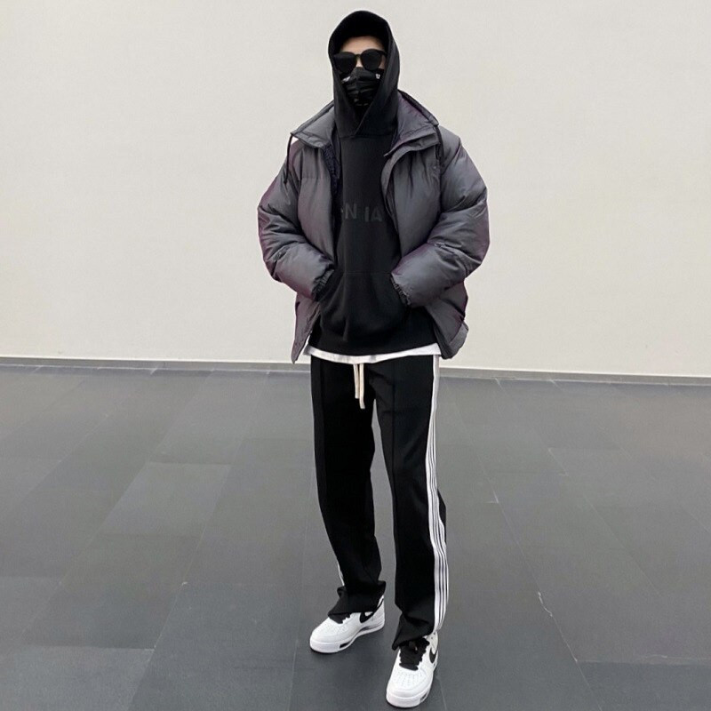 Divu līniju biezs parka ziemas mētelis vīriešiem āra jakas Hip Hop brīvi lielizmēra virsdrēbes Sieviešu vintage siltie topi Īss mētelis