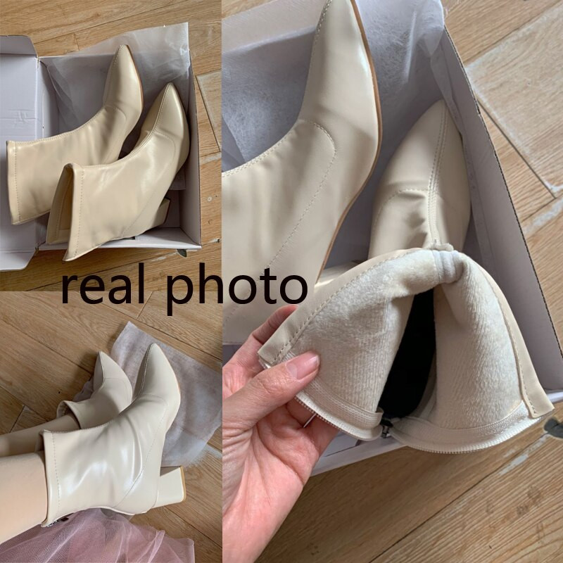 Bijele kratke čizme na visoku petu Ženske jesenske i zimske ženske čizme na špic Pliš 2021 Nove tanke čizme Wild Martn čizme