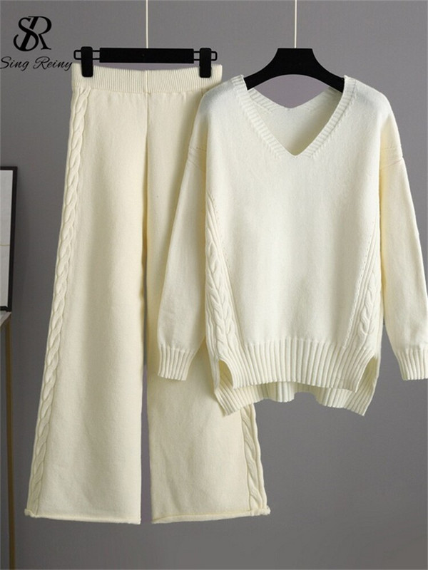 LIRUICHENG Moteriški dviejų dalių megzti dviejų dalių kostiumai, laisvas megztinis + ilgos plačios kelnės, moteriški laisvalaikio žieminių megztinių komplektai