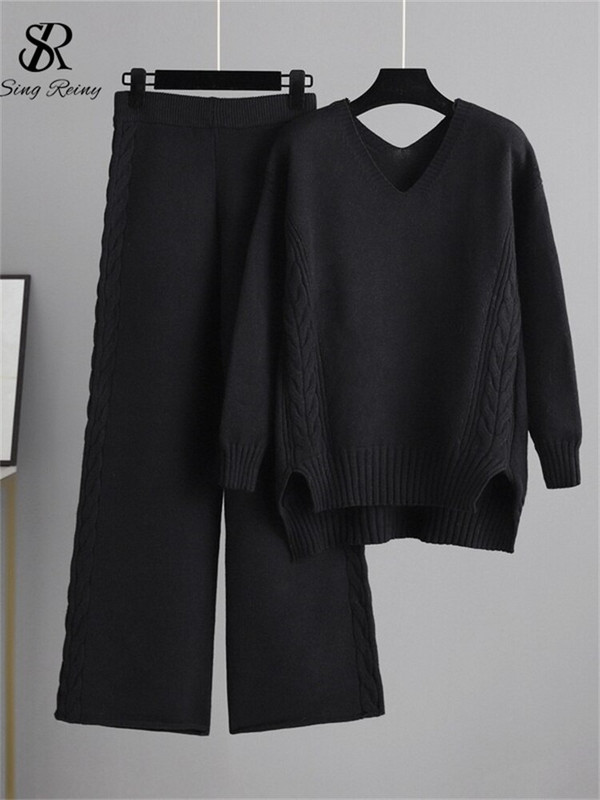LIRUICHENG Moteriški dviejų dalių megzti dviejų dalių kostiumai, laisvas megztinis + ilgos plačios kelnės, moteriški laisvalaikio žieminių megztinių komplektai