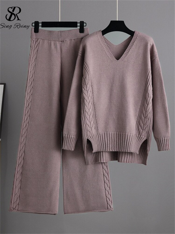 LIRUICHENG Moteriški dviejų dalių megzti dviejų dalių kostiumai, laisvas megztinis + ilgos plačios kelnės, moteriški laisvalaikio žieminių megztinių komplektai