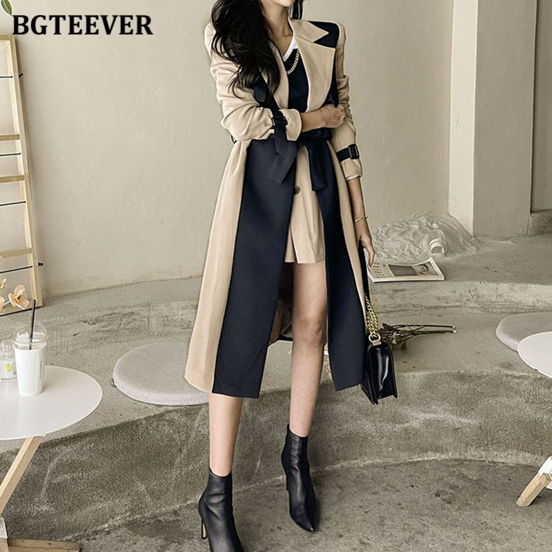 BGTEEVER eleganta, robaina apkakle, sieviešu raibveida vējjaka ar pilnām piedurknēm, pogas ar jostu, sieviešu garie mēteļi, 2021. gada ziema