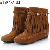 AIYKAZYSDL Bohemian gypsy boho ethnic εθνική γυναικεία φούντα κρόσσια ψεύτικο δέρμα σουέτ μποτάκια γυναικεία φλατ παπούτσια μποτάκια