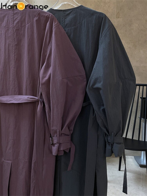 HanOrange 2022 Jesen Vintage Split O-izrez Dugi trenč kaput Ženska silueta Labava ležerna vjetrovka Ženska siva/maglično ljubičasta