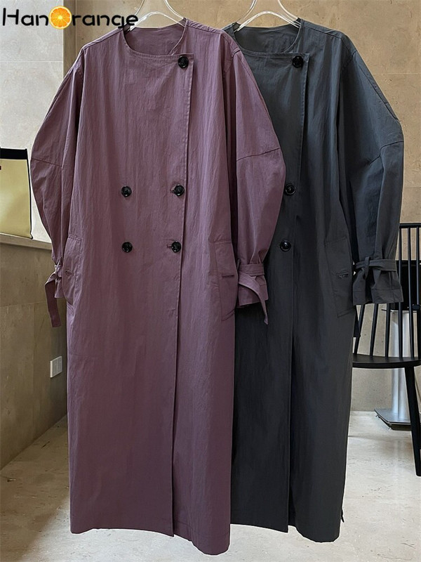HanOrange 2022 Jesen Vintage Split O-izrez Dugi trenč kaput Ženska silueta Labava ležerna vjetrovka Ženska siva/maglično ljubičasta