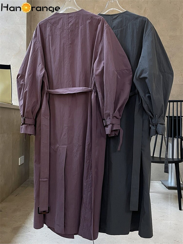 HanOrange 2022 Jesen Vintage Split O-izrez Dugi trenč kaput Ženska silueta Labava ležerna vjetrovka Ženska siva/maglično ljubičasta