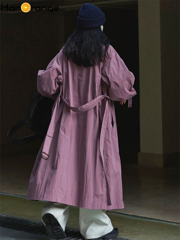 HanOrange 2022 Jesen Vintage Split O-izrez Dugi trenč kaput Ženska silueta Labava ležerna vjetrovka Ženska siva/maglično ljubičasta