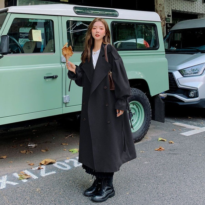 Rudens ziema britu divrindu lielizmēra garais mētelis sieviešu vējjaka modes sieviešu mētelis ar apkakli