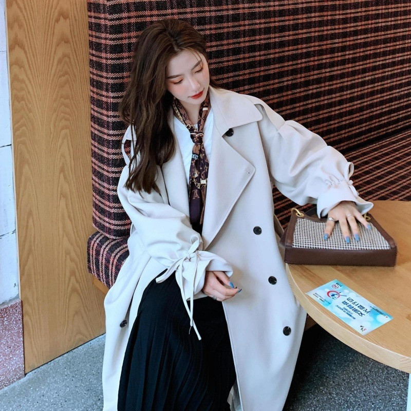 Rudens ziema britu divrindu lielizmēra garais mētelis sieviešu vējjaka modes sieviešu mētelis ar apkakli