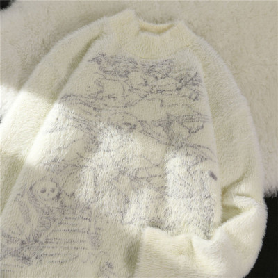 Vintage απομίμηση μινκ φλις πουλόβερ γυναικών φθινοπώρου και χειμώνα τεμπέλης στυλ μοντέρνο πουλόβερ με στρογγυλή λαιμόκοψη κρανίο ζακάρ γούνινο πουλόβερ