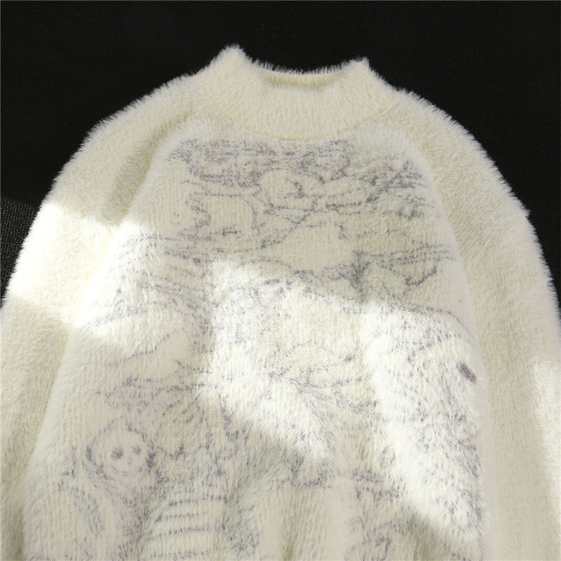 Vintage απομίμηση μινκ φλις πουλόβερ γυναικών φθινοπώρου και χειμώνα τεμπέλης στυλ μοντέρνο πουλόβερ με στρογγυλή λαιμόκοψη κρανίο ζακάρ γούνινο πουλόβερ
