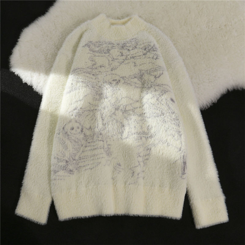Vintage απομίμηση μινκ φλις πουλόβερ γυναικών φθινοπώρου και χειμώνα τεμπέλης στυλ μοντέρνο πουλόβερ με στρογγυλή λαιμόκοψη κρανίο ζακάρ γούνινο πουλόβερ