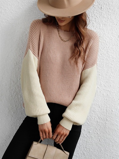 Pactchwork ziemas džemperis Sieviešu ikdienišķs trikotāžas džemperis, brīvs ar O veida kakla izgriezumu, garām piedurknēm Trikotāža sievietēm Eleganti modes mīksts, silts džemperis