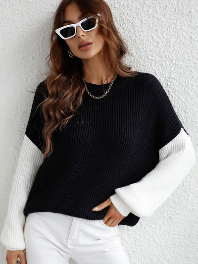 Pactchwork ziemas džemperis Sieviešu ikdienišķs trikotāžas džemperis, brīvs ar O veida kakla izgriezumu, garām piedurknēm Trikotāža sievietēm Eleganti modes mīksts, silts džemperis