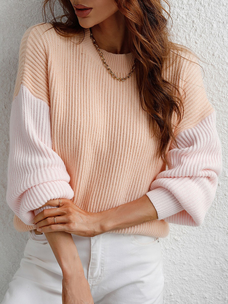 Pactchwork ziemas džemperis Sieviešu ikdienišķs trikotāžas džemperis, brīvs ar O veida kakla izgriezumu, garām piedurknēm Trikotāža sievietēm Eleganti modes mīksts, silts džemperis