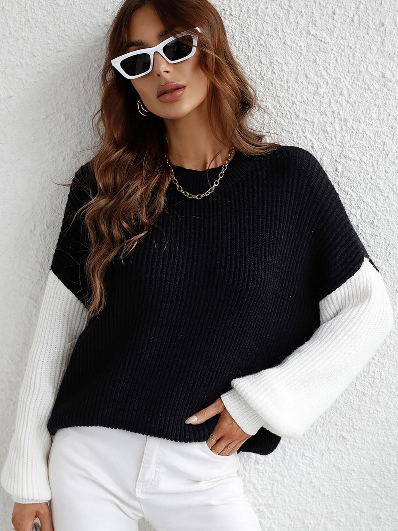 Pactchwork ziemas džemperis Sieviešu ikdienišķs trikotāžas džemperis, brīvs ar O veida kakla izgriezumu, garām piedurknēm Trikotāža sievietēm Eleganti modes mīksts, silts džemperis