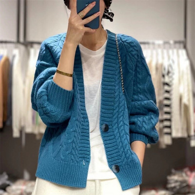 Rudens un ziemas jauns 100% kašmira trikotāžas jakas sieviešu ceptas mīklas Twist džemperis brīvs un slinks mētelis