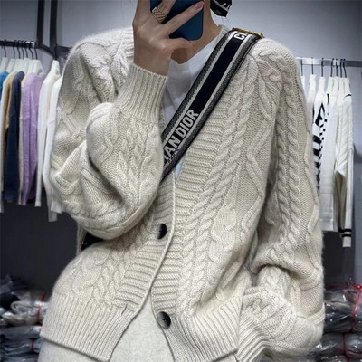 Rudens un ziemas jauns 100% kašmira trikotāžas jakas sieviešu ceptas mīklas Twist džemperis brīvs un slinks mētelis