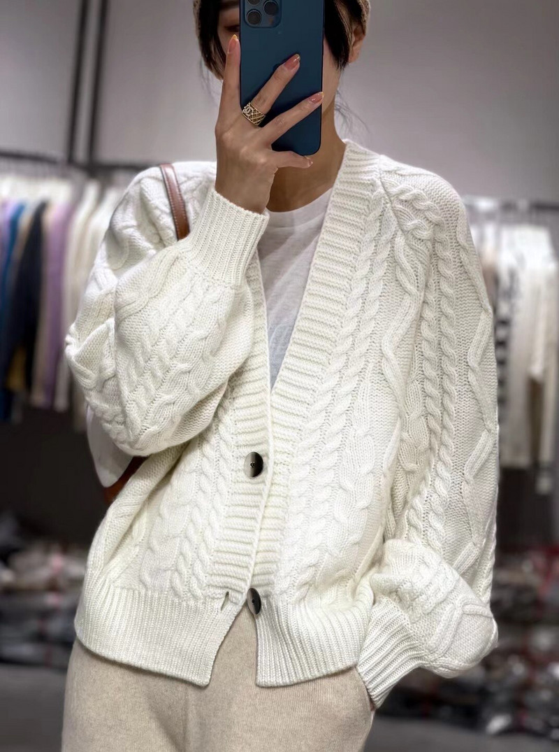 Rudens un ziemas jauns 100% kašmira trikotāžas jakas sieviešu ceptas mīklas Twist džemperis brīvs un slinks mētelis