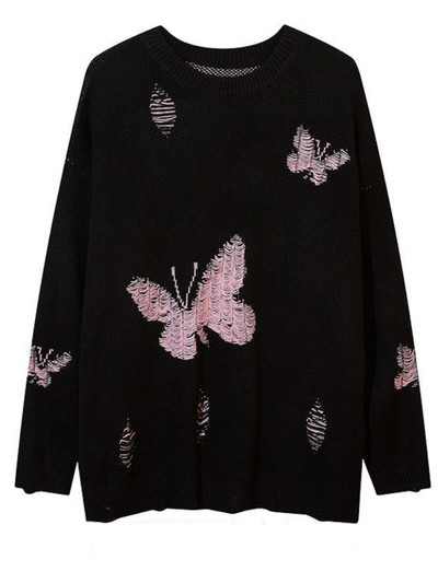 HOUZHOU Μαύρο Πλεκτό Harajuku Γυναικείο πουλόβερ Streetwear Gothic Butterfly Y2k Μπλουζάκια Oversized Casual πουλόβερ Φαρδιά στολή για ζευγάρι