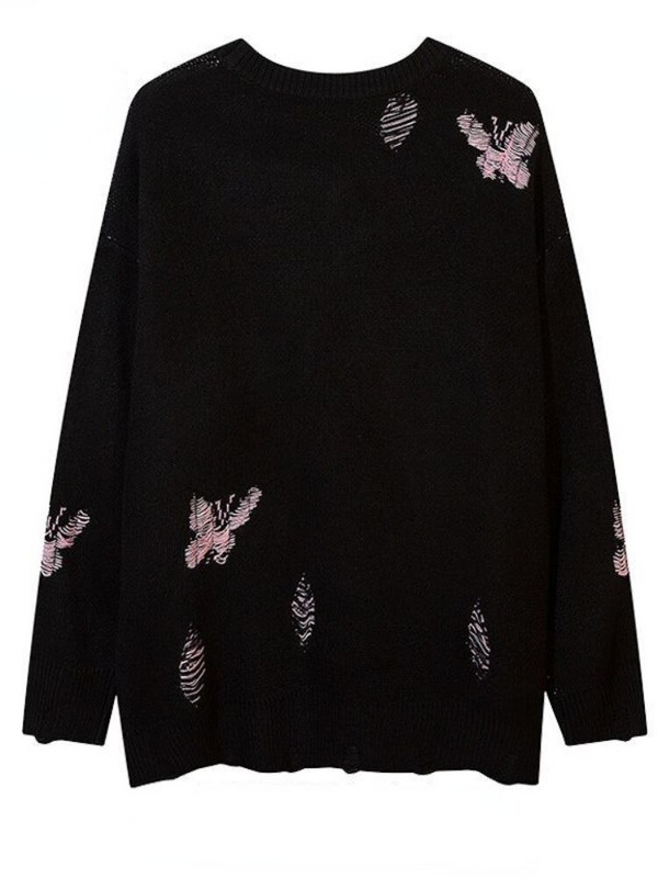HOUZHOU Μαύρο Πλεκτό Harajuku Γυναικείο πουλόβερ Streetwear Gothic Butterfly Y2k Μπλουζάκια Oversized Casual πουλόβερ Φαρδιά στολή για ζευγάρι