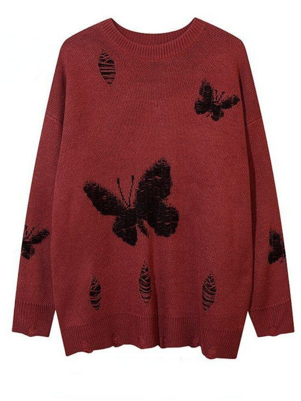 HOUZHOU Μαύρο Πλεκτό Harajuku Γυναικείο πουλόβερ Streetwear Gothic Butterfly Y2k Μπλουζάκια Oversized Casual πουλόβερ Φαρδιά στολή για ζευγάρι