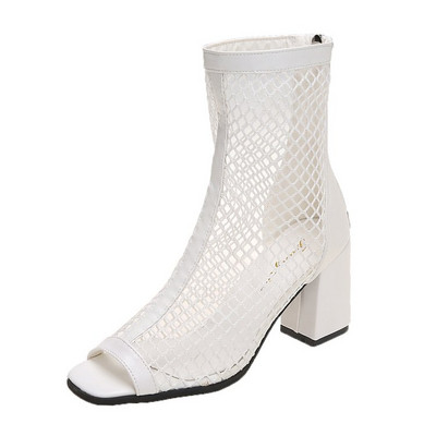 2022. g. vasara, jauna mode, siets/tīkls Fish Mouth, īsa caurule, augsti papēži, dobi sieviešu elpojoši jāšanas zābaki, biezas papēža sandales