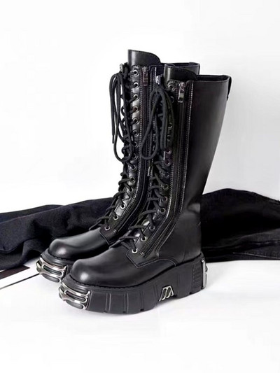 Γυναικείες μπότες αθλητικών παπουτσιών σε μαύρο πανκ στυλ Πλατφόρμα με στρογγυλά δάχτυλα Μποτάκι με κορδόνια Cool μεταλλικές δερμάτινες μπότες για κορίτσια 2022 Νέο
