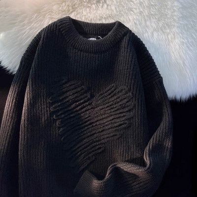 Japanski mekani ljepljivi pulover s ljubavnim vezom Ženska vanjska odjeća Labava pletena ulična odjeća za par Y2K puloveri