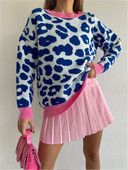 Χειμερινό γυναικείο πουλόβερ 2022 Leopard print Animal Basic White O Neck Oversize Jumper Vintage Ζεστά πλεκτά πουλόβερ για γυναίκες