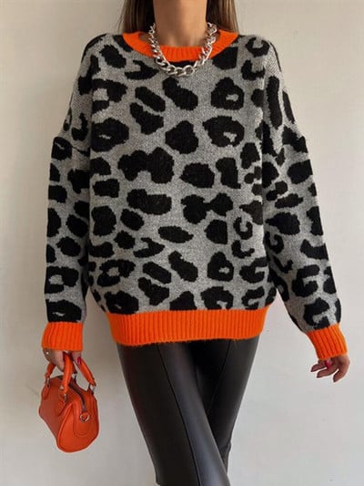 Χειμερινό γυναικείο πουλόβερ 2022 Leopard print Animal Basic White O Neck Oversize Jumper Vintage Ζεστά πλεκτά πουλόβερ για γυναίκες