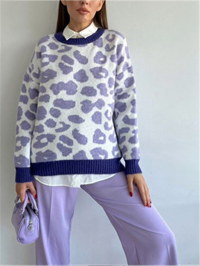 Χειμερινό γυναικείο πουλόβερ 2022 Leopard print Animal Basic White O Neck Oversize Jumper Vintage Ζεστά πλεκτά πουλόβερ για γυναίκες