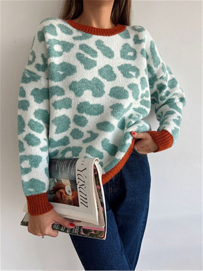 Χειμερινό γυναικείο πουλόβερ 2022 Leopard print Animal Basic White O Neck Oversize Jumper Vintage Ζεστά πλεκτά πουλόβερ για γυναίκες