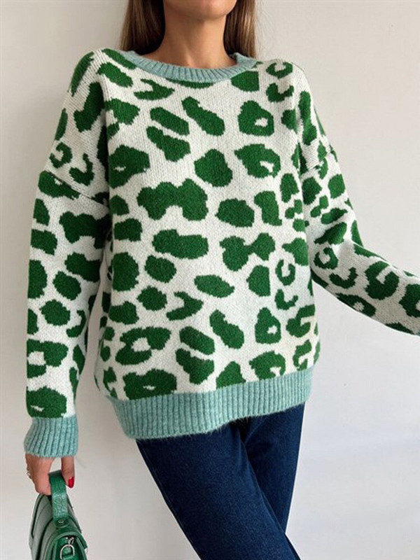 Χειμερινό γυναικείο πουλόβερ 2022 Leopard print Animal Basic White O Neck Oversize Jumper Vintage Ζεστά πλεκτά πουλόβερ για γυναίκες