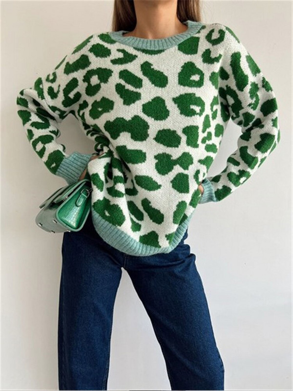 Χειμερινό γυναικείο πουλόβερ 2022 Leopard print Animal Basic White O Neck Oversize Jumper Vintage Ζεστά πλεκτά πουλόβερ για γυναίκες