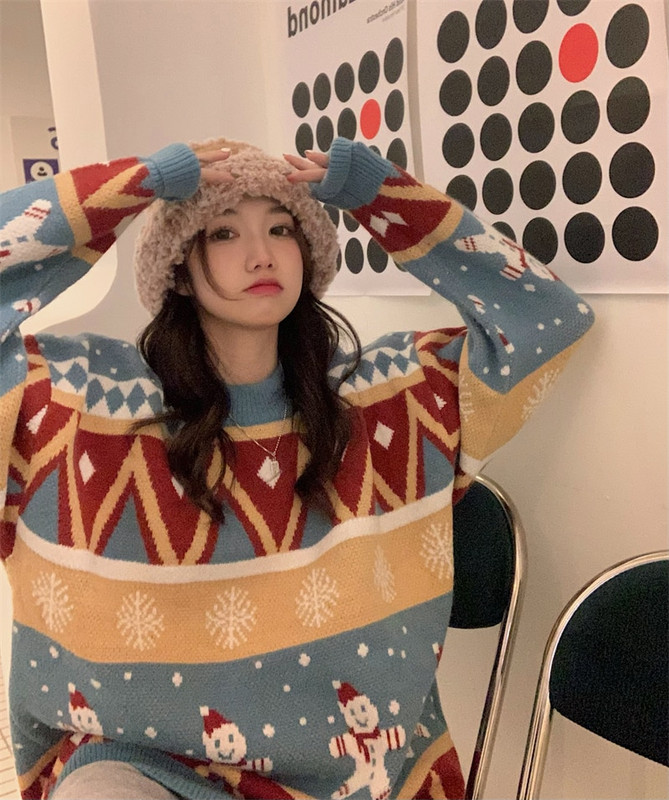 Női Vintage kötött pulóverek Karácsonyi szín blokkoló laza párnázott pulóver őszi téli laza kötött pulóverek