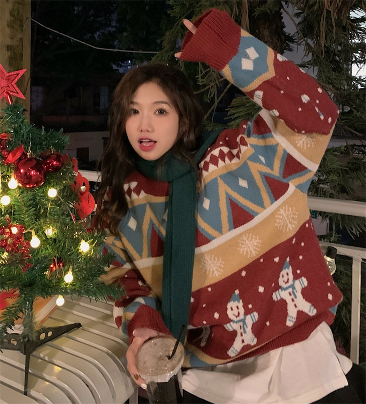 Női Vintage kötött pulóverek Karácsonyi szín blokkoló laza párnázott pulóver őszi téli laza kötött pulóverek