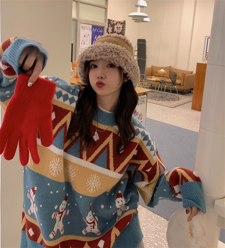 Női Vintage kötött pulóverek Karácsonyi szín blokkoló laza párnázott pulóver őszi téli laza kötött pulóverek