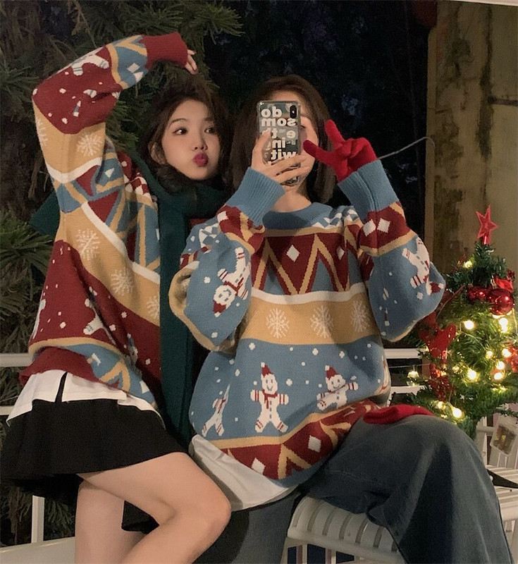 Női Vintage kötött pulóverek Karácsonyi szín blokkoló laza párnázott pulóver őszi téli laza kötött pulóverek