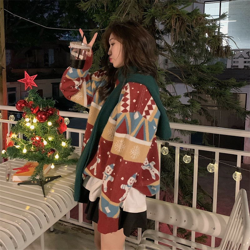 Női Vintage kötött pulóverek Karácsonyi szín blokkoló laza párnázott pulóver őszi téli laza kötött pulóverek