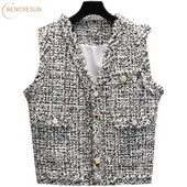 Korejski ženski karirani prsluk od tvida proljeće jesen ženski elegantni kaput s džepnim gumbima crno-bijeli gornji dio bez rukava ženska gornja odjeća s V-izrezom