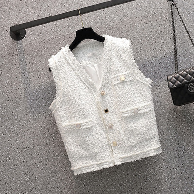 Korejski ženski karirani prsluk od tvida proljeće jesen ženski elegantni kaput s džepnim gumbima crno-bijeli gornji dio bez rukava ženska gornja odjeća s V-izrezom