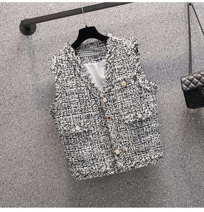 Korejski ženski karirani prsluk od tvida proljeće jesen ženski elegantni kaput s džepnim gumbima crno-bijeli gornji dio bez rukava ženska gornja odjeća s V-izrezom